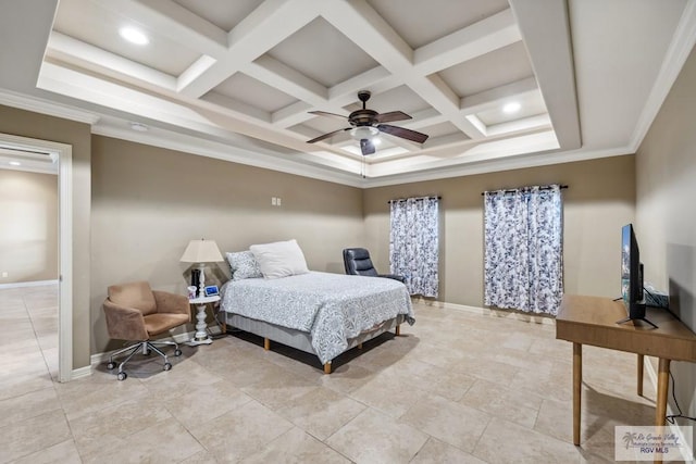 1510 Karis Ct, Harlingen, TX 78550 - bedroom featuring coffered ceiling, beam ceiling, ornamental molding, and recessed lighting