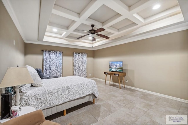 1510 Karis Ct, Harlingen, TX 78550 - bedroom featuring coffered ceiling, beamed ceiling, recessed lighting, crown molding, and a ceiling fan