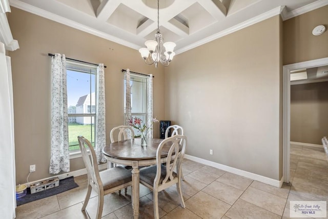 1510 Karis Ct, Harlingen, TX 78550 - dining room with coffered ceiling, a chandelier, ornamental molding, light tile patterned flooring, and beam ceiling