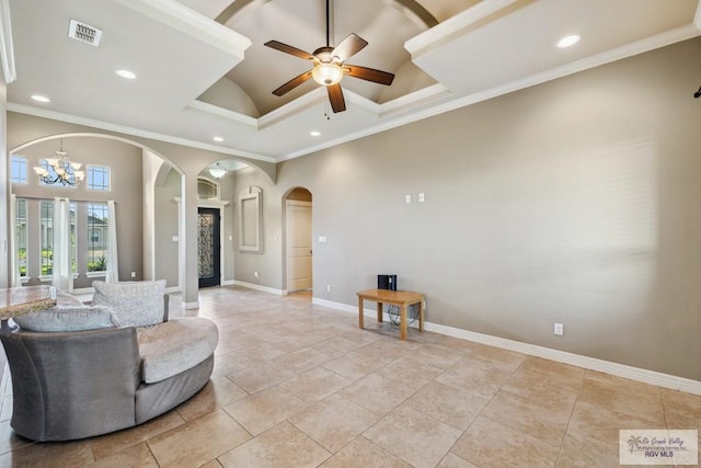 1510 Karis Ct, Harlingen, TX 78550 - sitting room with arched walkways, a ceiling fan, a chandelier, high vaulted ceiling, and recessed lighting