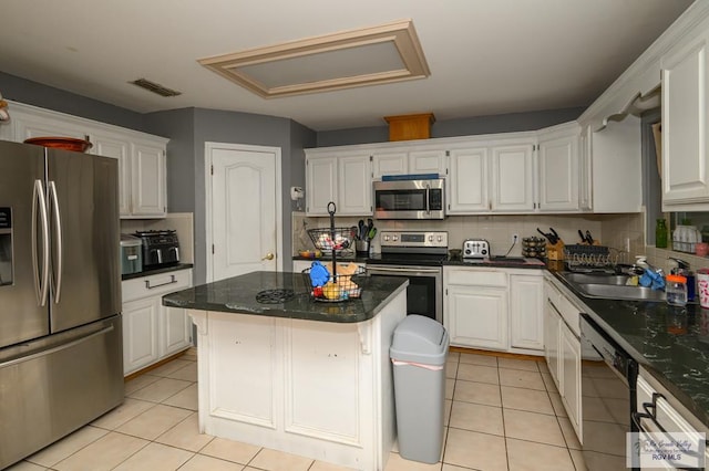 kitchen with decorative backsplash, stainless steel appliances, sink, white cabinets, and a kitchen island