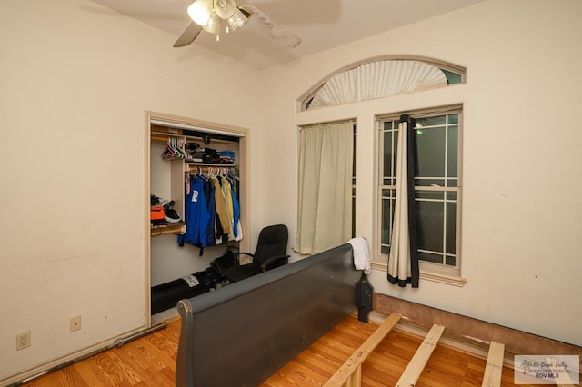 interior space with hardwood / wood-style floors and ceiling fan