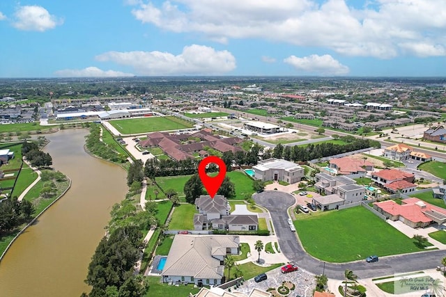 aerial view featuring a water view