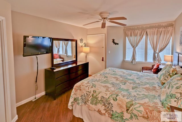 bedroom with multiple windows, wood-type flooring, and ceiling fan