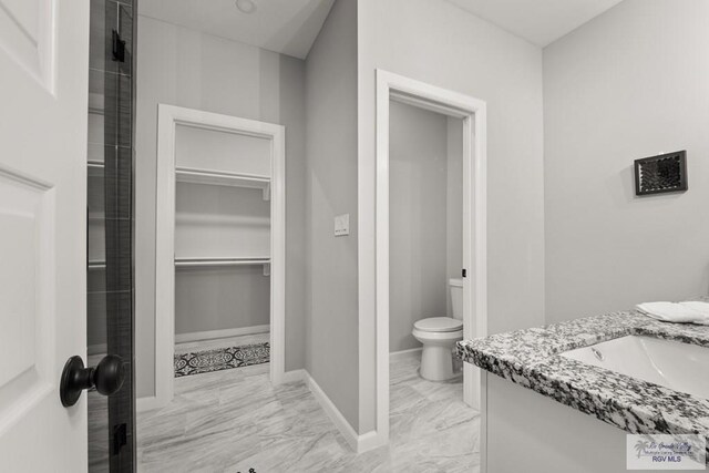 bathroom featuring toilet, vanity, and a shower with door