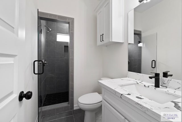 473 Santiago St, La Feria, TX 78559 - bathroom with tile patterned floors, vanity, toilet, and a shower stall
