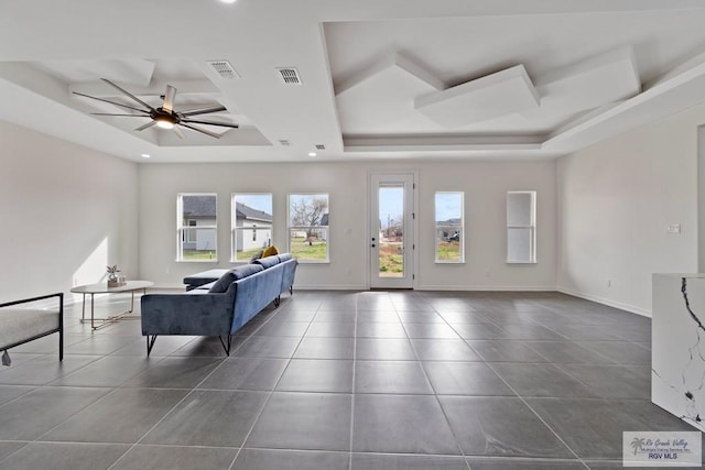 473 Santiago St, La Feria, TX 78559 - living area featuring a raised ceiling, visible vents, and ceiling fan