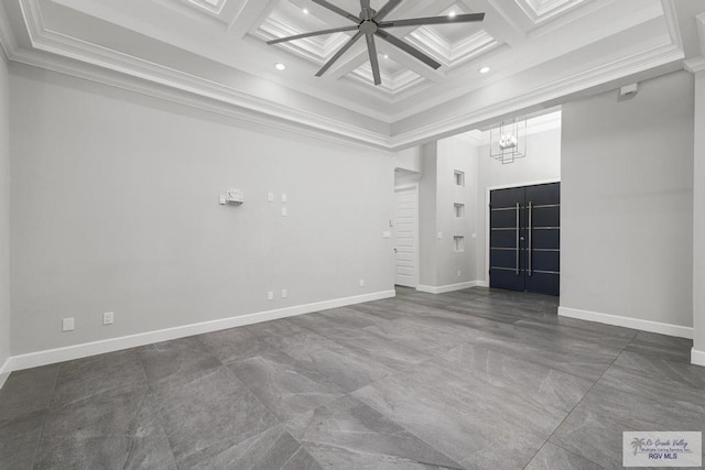 unfurnished room with a high ceiling, coffered ceiling, ceiling fan with notable chandelier, crown molding, and beamed ceiling