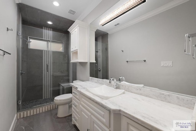 bathroom with vanity, toilet, walk in shower, and crown molding