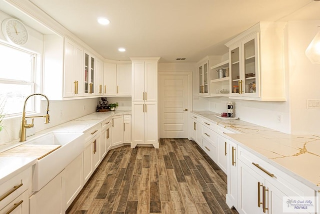 kitchen with white cabinetry, dark hardwood / wood-style flooring, sink, and light stone counters