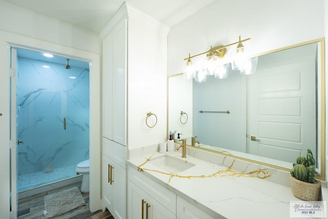 bathroom featuring a tile shower, vanity, and toilet