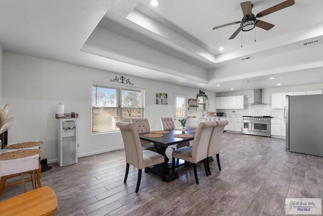 dining area with a raised ceiling and ceiling fan