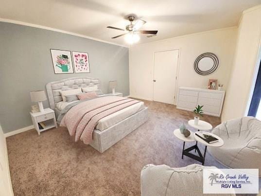 bedroom featuring carpet floors, ornamental molding, baseboards, and ceiling fan