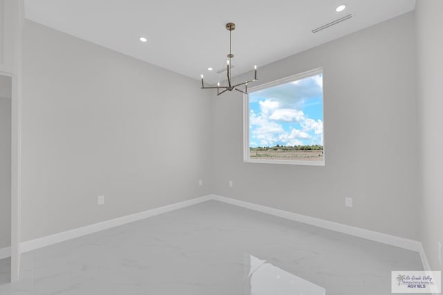 7336 San Andres St, Brownsville, TX 78526 - unfurnished room with marble finish floors, a chandelier, recessed lighting, and baseboards