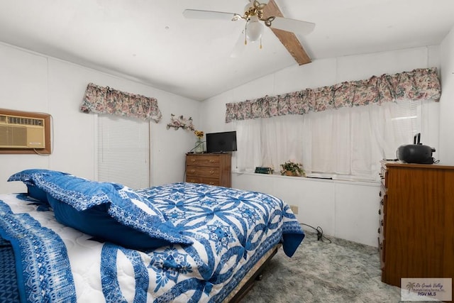 carpeted bedroom featuring a wall mounted air conditioner, lofted ceiling with beams, and ceiling fan