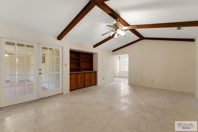 unfurnished living room featuring french doors, vaulted ceiling with beams, and ceiling fan