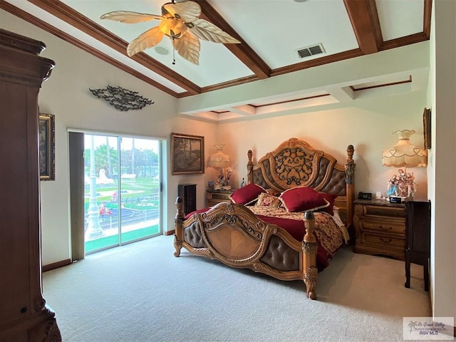 bedroom featuring ceiling fan, lofted ceiling with beams, crown molding, light colored carpet, and access to outside