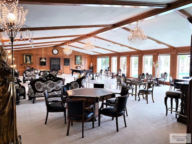 dining space with a chandelier, light carpet, and lofted ceiling with beams