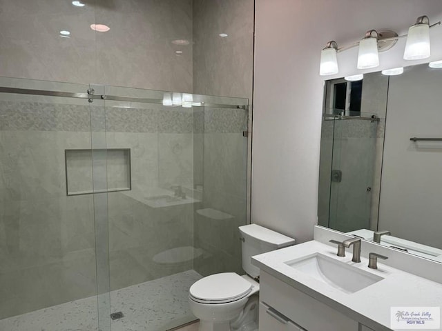 bathroom with vanity, a shower with shower door, and toilet