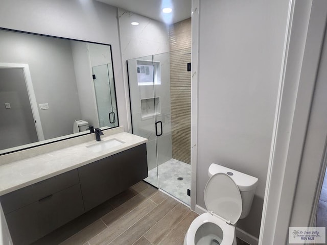 bathroom featuring toilet, walk in shower, and vanity