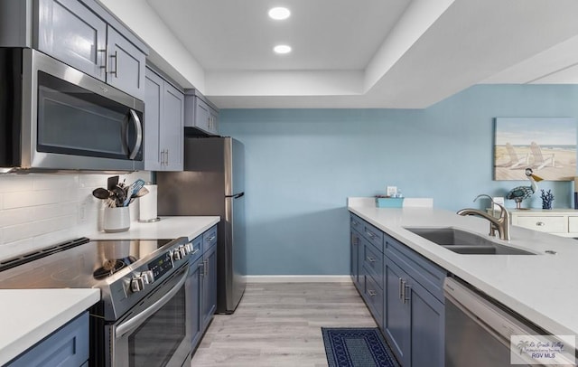 111 E Morningside Dr Unit 209, South Padre Island, TX 78597 - kitchen featuring stainless steel appliances, light countertops, tasteful backsplash, light wood finished floors, and blue cabinets