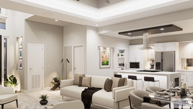 234 Cameo Dr, San Benito, TX 78586 - living room featuring ceiling fan, a towering ceiling, baseboards, and recessed lighting