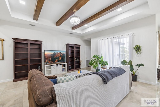 6221 Grapevine Loop, Brownsville, TX 78526 - living area featuring beam ceiling, light marble finish flooring, and recessed lighting