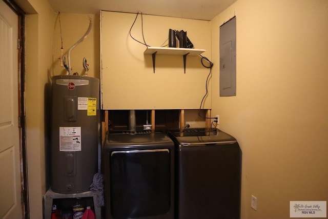 laundry area with washer and dryer, electric water heater, and electric panel