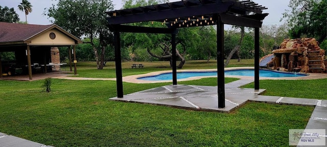 exterior space with a lawn, a pergola, and a patio