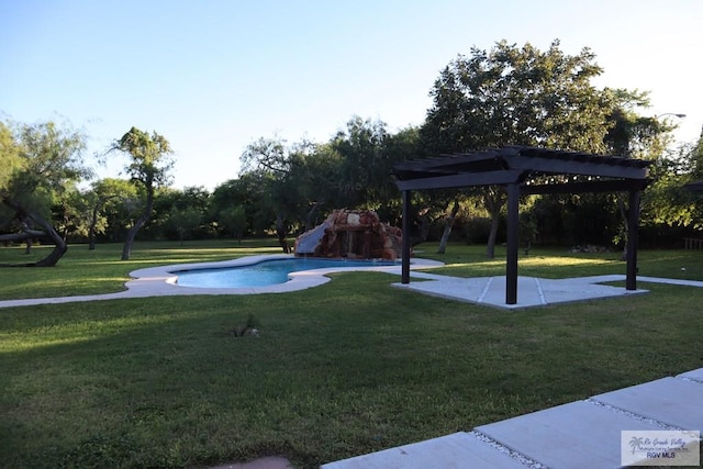 view of home's community featuring a lawn, a pergola, and a pool