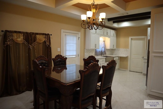 dining area featuring sink, beamed ceiling, coffered ceiling, and a notable chandelier