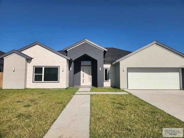 ranch-style house featuring a front yard, an attached garage, driveway, and stucco siding