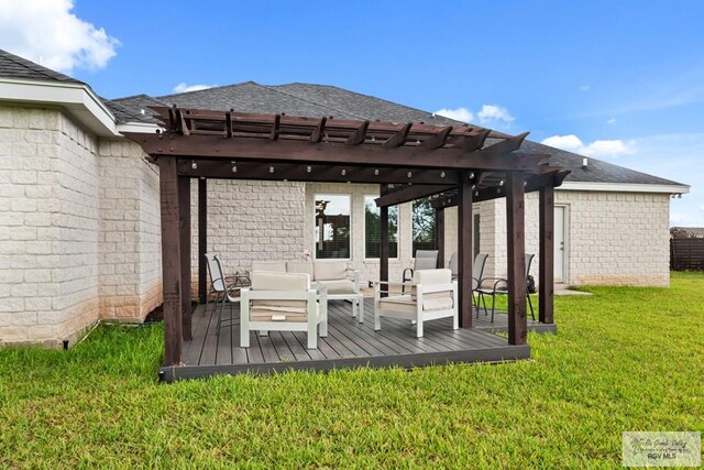 31689 E Jardin E, Los Fresnos, TX 78566 - deck with outdoor lounge area, a pergola, and a yard