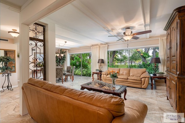 living room with beamed ceiling and ceiling fan with notable chandelier