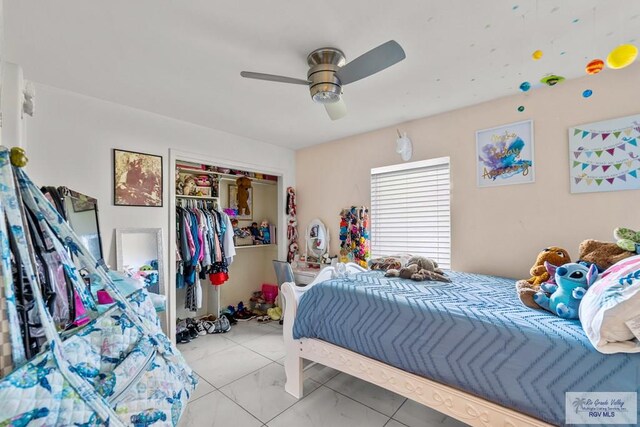 bedroom with ceiling fan and a closet