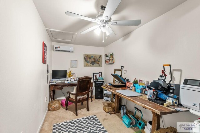 office area featuring an AC wall unit, light carpet, and ceiling fan