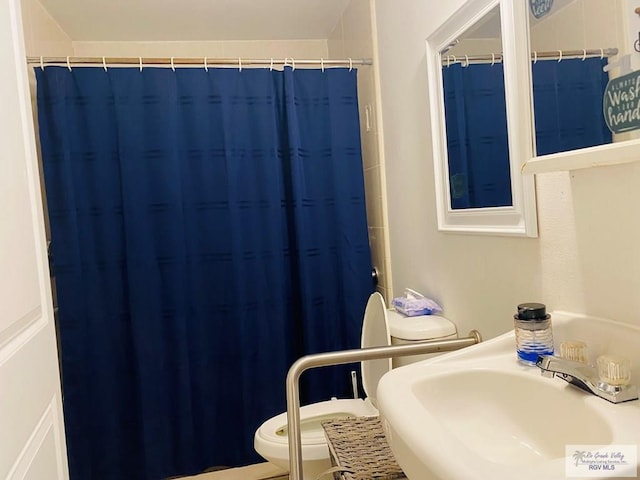 bathroom with toilet, curtained shower, and a sink