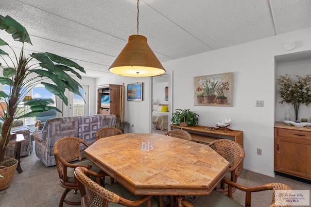 carpeted dining room featuring a textured ceiling