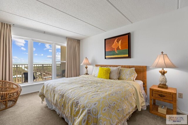 carpeted bedroom featuring a textured ceiling and access to outside