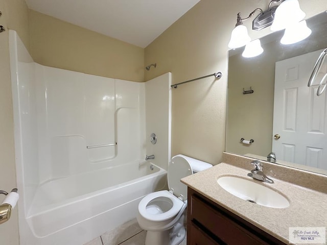 full bathroom with tile patterned flooring, shower / bathing tub combination, vanity, and toilet