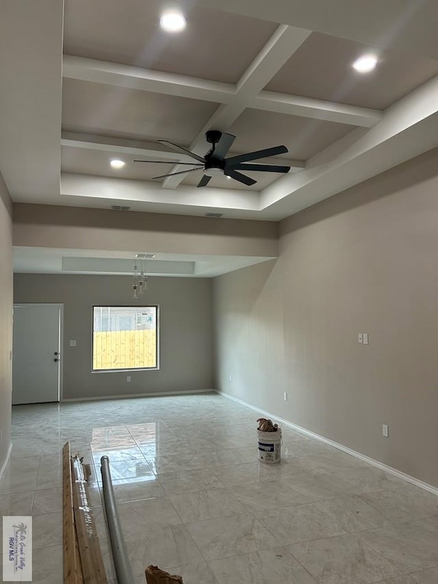 empty room featuring coffered ceiling, beamed ceiling, and ceiling fan