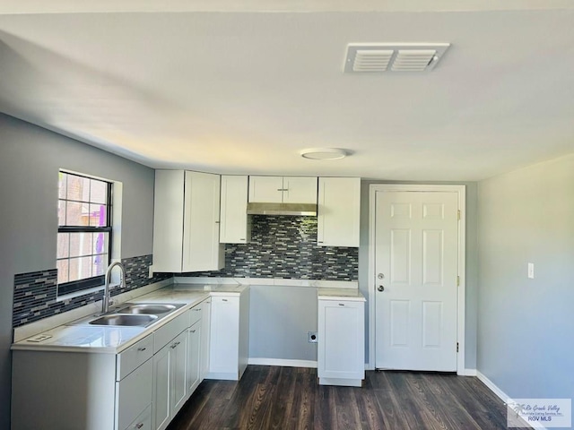 kitchen featuring dark hardwood / wood-style flooring, white cabinetry, sink, and tasteful backsplash