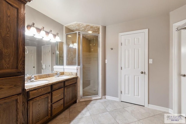 bathroom featuring tile patterned flooring, vanity, and an enclosed shower