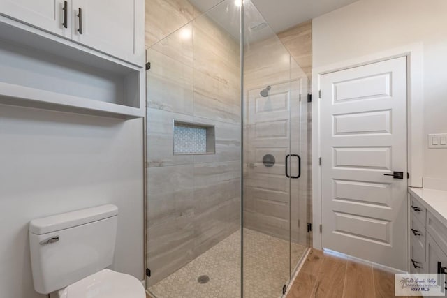 bathroom with vanity, hardwood / wood-style flooring, toilet, and walk in shower