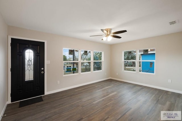 entryway featuring dark hardwood / wood-style flooring and ceiling fan