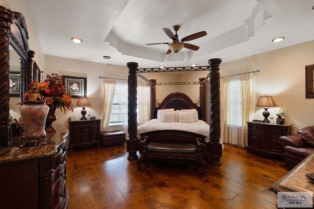 31660 Fm 1575, Los Fresnos, TX 78566 - bedroom featuring a raised ceiling, multiple windows, dark wood-type flooring, and recessed lighting