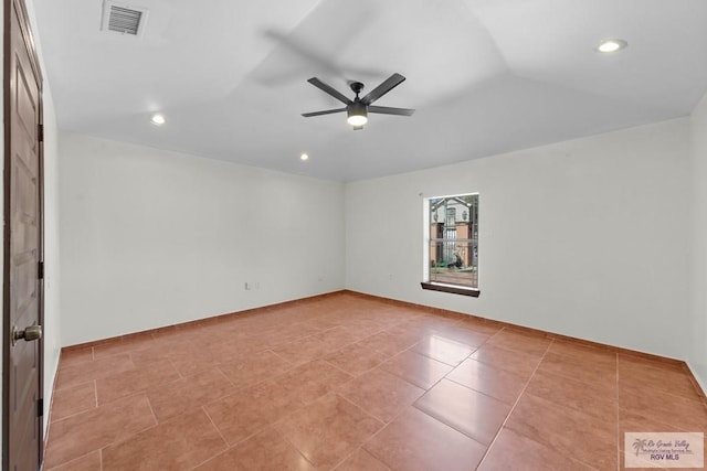 2307 Carlos Ave, Brownsville, TX 78526 - unfurnished room featuring light tile patterned floors, recessed lighting, visible vents, a ceiling fan, and vaulted ceiling