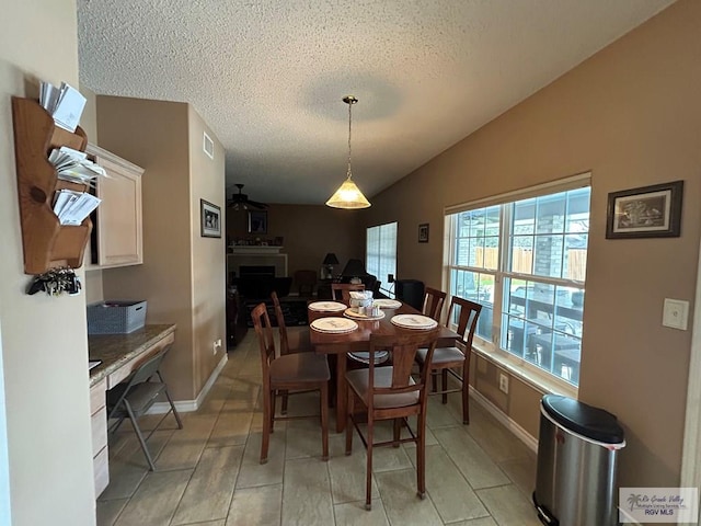 dining room featuring vaulted ceiling and a textured ceiling