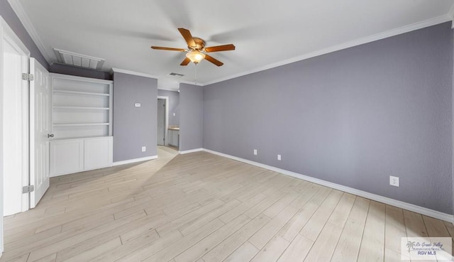 unfurnished bedroom with ceiling fan, ornamental molding, and light hardwood / wood-style floors