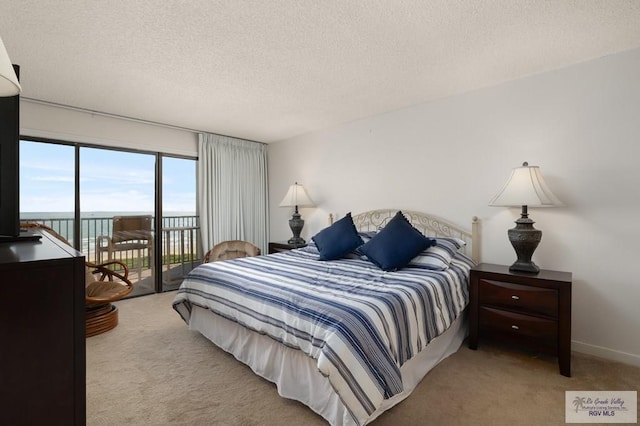 bedroom featuring access to exterior, light carpet, a textured ceiling, and a water view